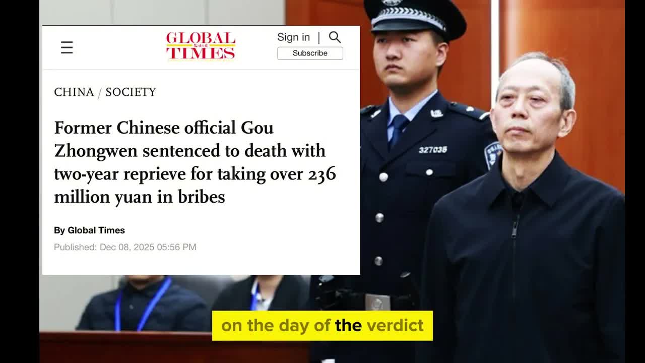Chinese official Gou Zhongwen sentenced to death for taking over 236 million yuan in bribes